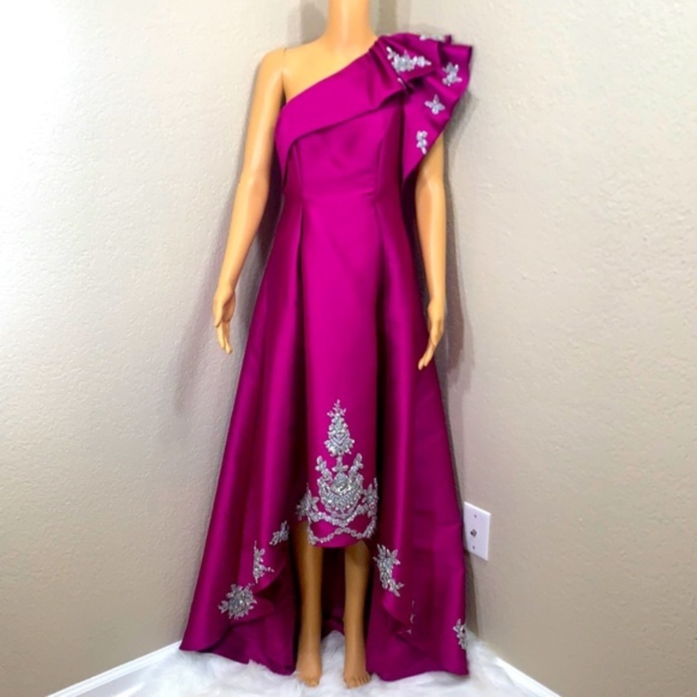 Half Shoulder High Low Fuchsia Evening Gown Size 4